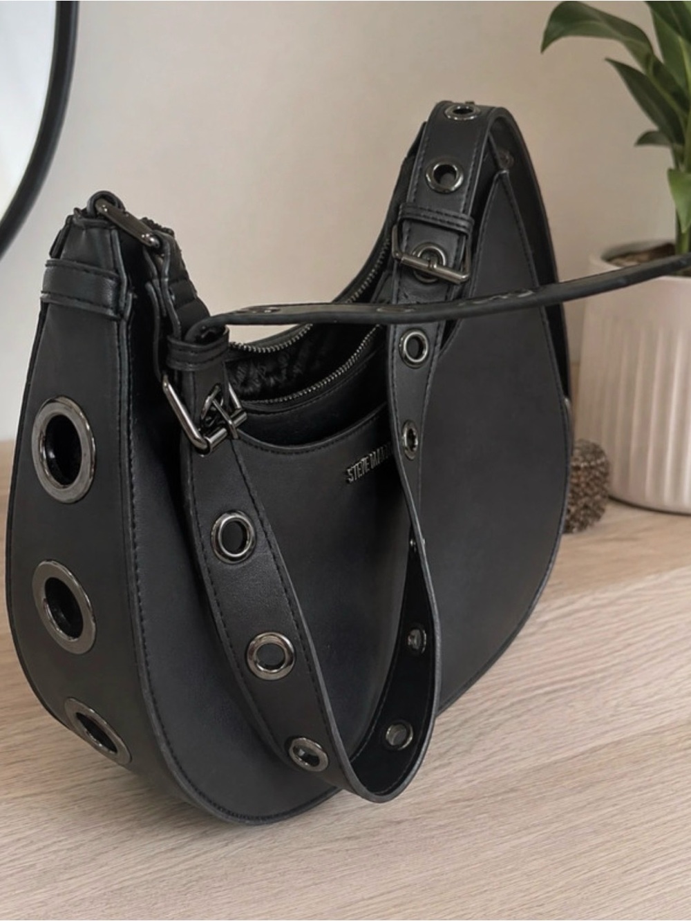 Steve Madden Black Grommet-Trim Shoulder Bag